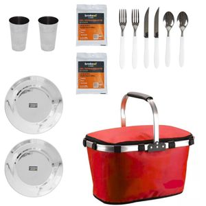 SET CAMPING CANASTA CONSERVADORA ROJA VAJILLA Y REFRIGERANTE