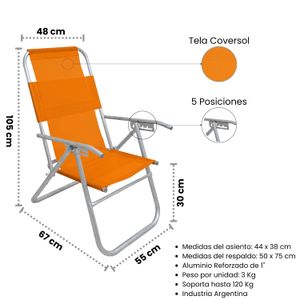 Combo Reposera Plegable 5 Posiciones Naranja X2 + Conservadora de 32 Lts